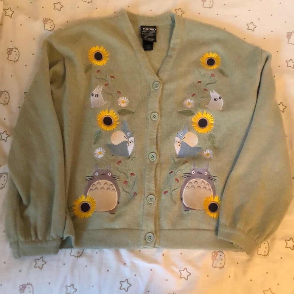 Sage, green cardigan with embroidered Totoro details